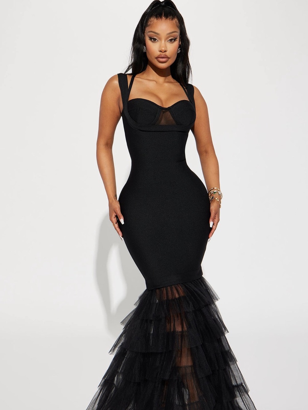 Fashion Nova Black Mermaid Tulle Ruffle Gown